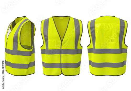 High visibility safety vests with reflective stripes, front side and profile views, for workwear