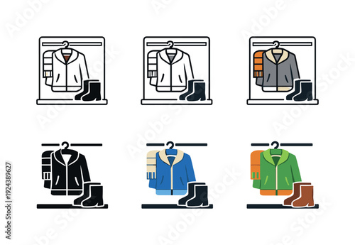 Wardrobe seasonal icon featuring a jacket, scarf, and boots in a wardrobe, symbolizing seasonal clothing, fashion adaptation, and