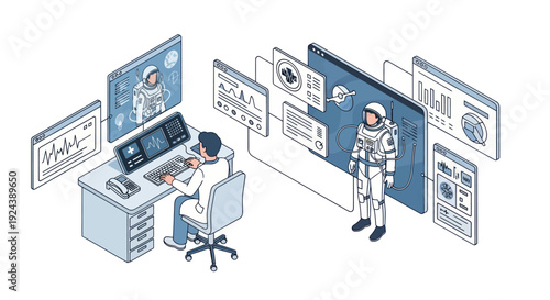 Astronaut working remotely from office with multiple screens and digital displays.