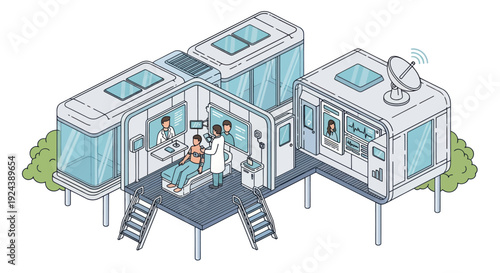 Futuristic modular hospital building with medical staff and patients.