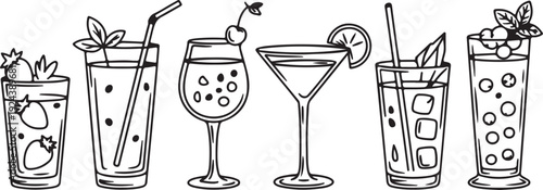 Row of diverse hand drawn black and white cocktail glasses with refreshing drinks and garnishes