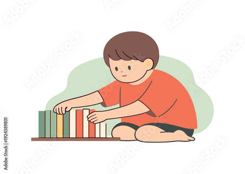 Quiet child places books in order on a low shelf, sizes aligned carefully, hands sliding spines into neat sequence. | books order