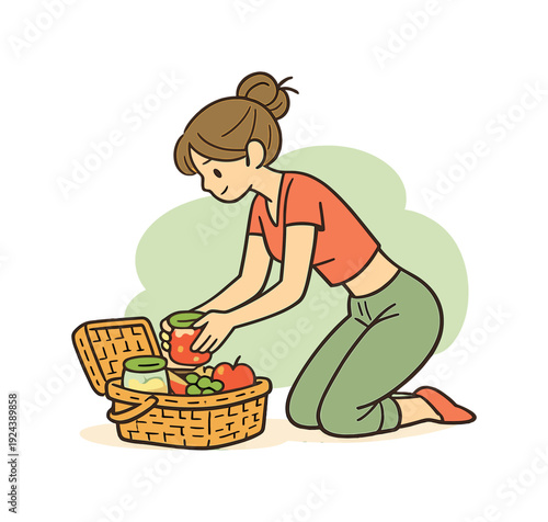 Morning person packs food into a picnic basket, leaning forward as jars and fruit are placed carefully inside | packing picnic