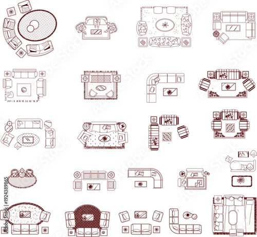 A comprehensive collection of architectural CAD blocks featuring various living room furniture layouts in top-view plan. Includes diverse arrangements of sectional sofas, armchairs, coffee tables, and