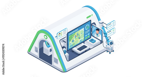 Isometric illustration of a laptop with a shield and security elements.