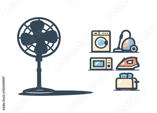 Fan silhouette object presented as aref ined up right product pose with cle anhome appli ance ic onl ines positi oned in the