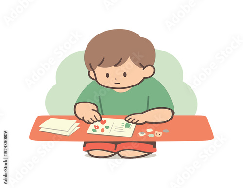 Fresh child decorates a postcard at a table, arranging small stickers and drawings as paper rests flat nearby. | postcard, mail,