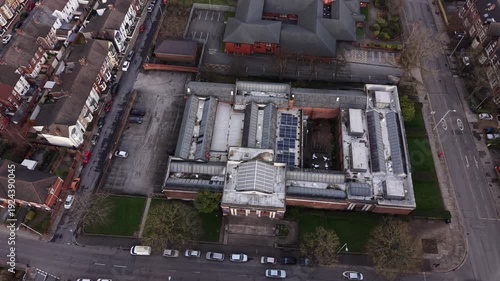 High‑angle view of the Williamson Art Gallery and nearby residential streets in Merseyside.