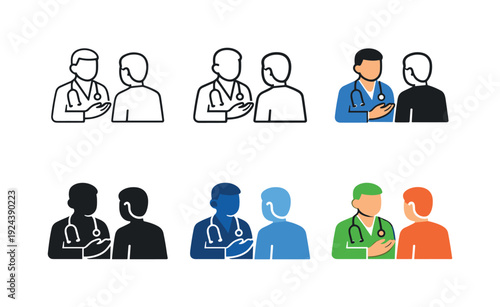 Professional healthcare icon showing a physician with a stethoscope speaking to a patient, representing medical consultation,