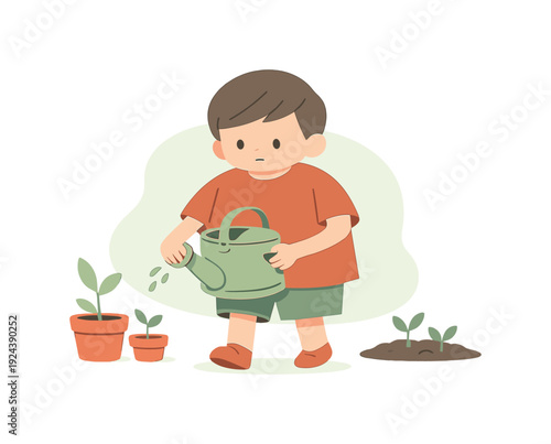 Quiet child carries a watering can carefully across the garden, arms steady as water sloshes and plants wait nearby. | watering