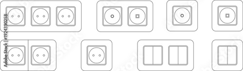 A collection of technical architectural CAD blocks for electrical planning, featuring various minimalist wall outlets and switches, including single and double power sockets, round toggle switches, an