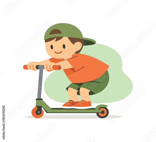 Bright child glides briefly on a scooter, knees bent, arms stretched, wheels aligned, confidence growing with motion. | child,