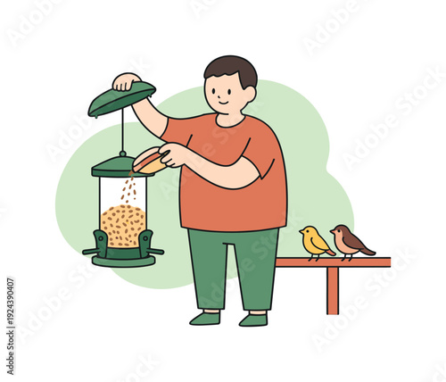 Feeding Time Balance. Quiet person refills a bird feeder with seeds, lid open, grains pouring carefully, birds waiting on nearby