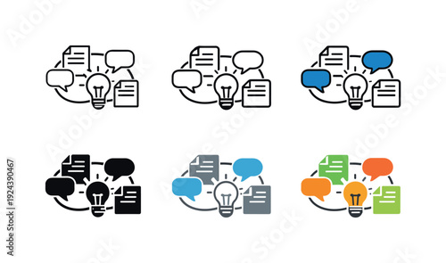 Knowledge collaboration system symbol showing connected documents, discussion bubbles, and idea indicators that convey shared