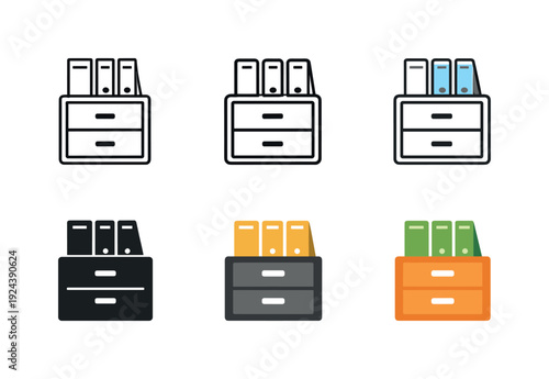 Office Icon Grid. Administrative document storage icon presenting a cabinet and paper folders unified into one orderly office