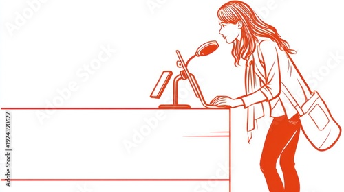 Line drawing of a woman using a device at a counter, wearing a jacket and carrying a bag