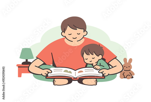 Gentle parent reads a bedtime story, arms resting wide as the book opens and the child leans closer | bedtime story reading, flat