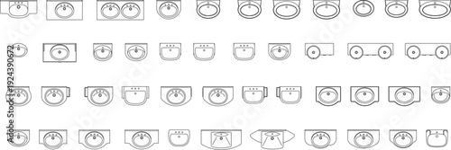 A vast collection of technical architectural CAD blocks featuring diverse bathroom sink designs, including single and double basins, vanity tops, and integrated counter models in top-view plan perspec