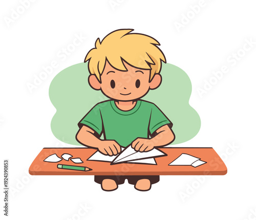 Sunny child folds a paper airplane at a desk, crisp creases forming, scraps aside, hands focused, ready to test flight calmly now