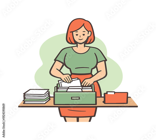 Sunny person files documents into folders at a desk, aligning papers carefully as drawers slide and stacks stay neat. | filing