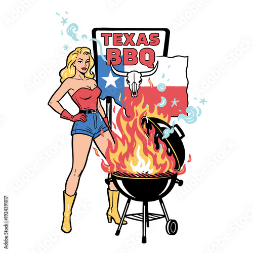Retro Texas BBQ pin-up girl with flaming grill, longhorn skull, and Texas flag, vector illustration for restaurant logo and t-shirt design.