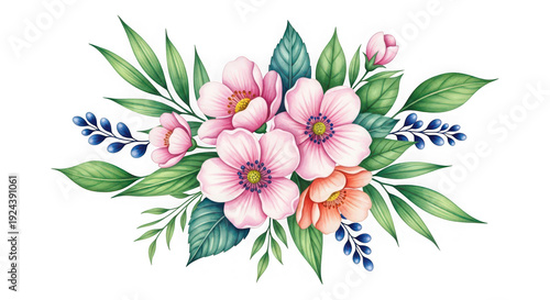 Beautiful floral arrangement with pink and purple flowers isolated on transparent background