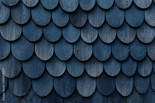 Dark blue wooden shingles arranged in a repeating scalloped pattern revealing wood grain texture