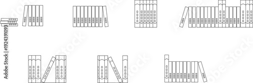 Technical architectural CAD blocks of office and library storage, featuring side elevations of ring binders and books in various grouped arrangements for bookshelf and archive interior planning.