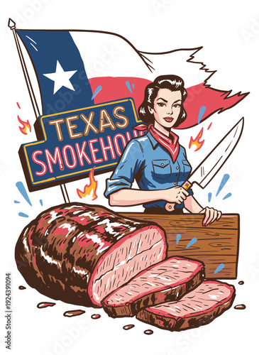 Vintage Texas smokehouse BBQ brisket with retro woman chef, American flag and neon sign, vector illustration for restaurant menu or t-shirt design.