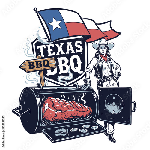 Texas BBQ Cowgirl Mascot with Smoker Grill and Flag. Retro Wild West Emblem Vector Illustration for Restaurant Logo or T-Shirt Design.