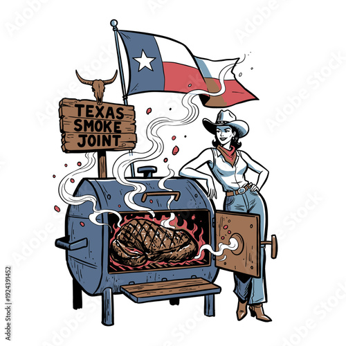 Vintage Western cowboy woman mascot cooking BBQ brisket on smoker with Texas flag, hand drawn vector illustration for smokehouse restaurant or t-shirt design.