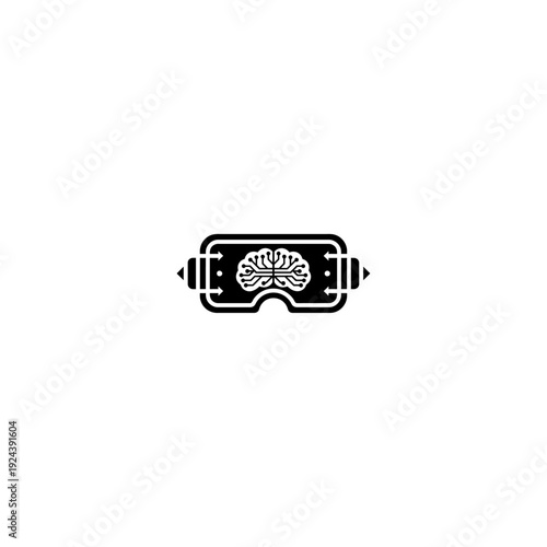 Virtual reality headset with brain icon. Black glyph style vector illustration.