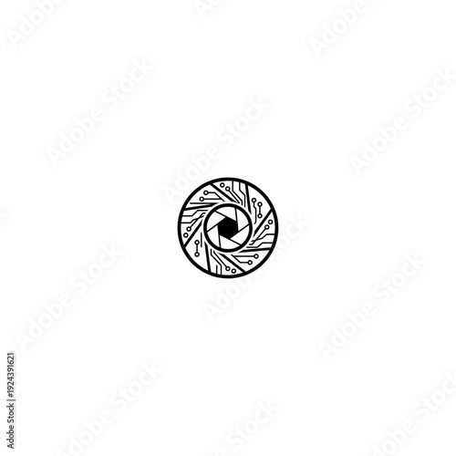 Digital camera shutter aperture and circuit board technology logo icon. Created in black and white line art style.