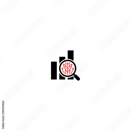 SEO performance analysis vector icon. Black bar chart with magnifying glass showing red circuit board.
