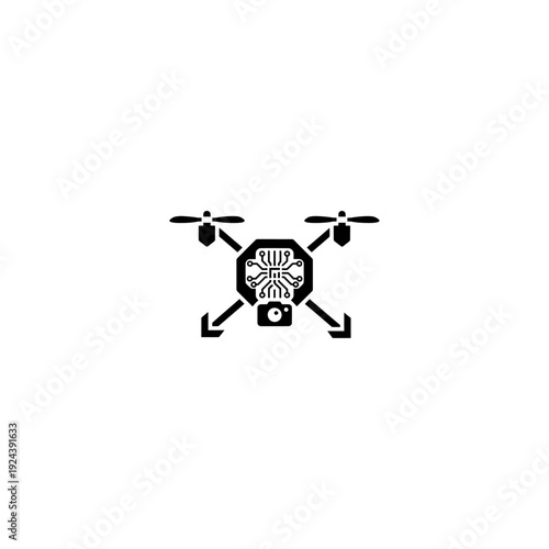 Drone with integrated circuit and camera icon in black and white