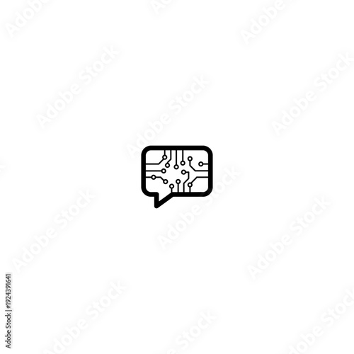 Circuit board speech bubble outline icon. Created in black and white line art style.