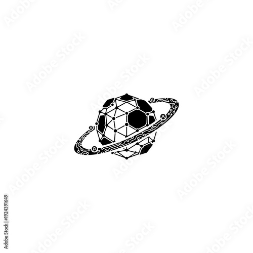 Geometric planet with orbiting ring vector icon. Stylized black and white globe with connected dots and lines forming a network pattern, encircled by an abstract ring.