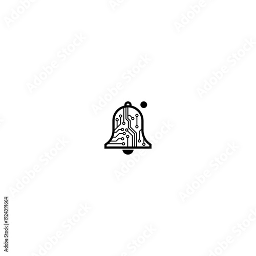 Digital notification bell icon with circuit board pattern and dot indicator. Created in black outline style.