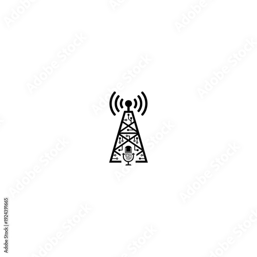 Radio tower and microphone icon in black line art style