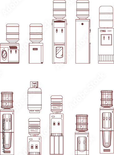 A comprehensive collection of technical architectural CAD blocks featuring various water dispenser models, including floor-standing units, tabletop coolers, and individual water gallon bottle assets i