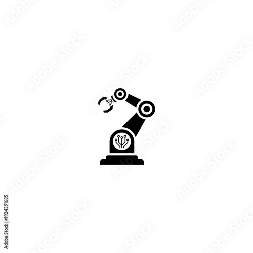 Industrial robotic arm icon with circuit board symbol. Created in flat black and white style.