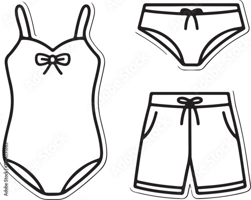 A collection of outline icons showing different types of swimwear including a one piece and shorts