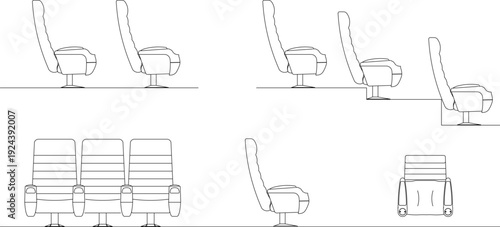 Technical architectural CAD blocks of high-back theater or airplane passenger seats, featuring side elevations on flat and tiered floor levels, along with front and top-view arrangements for interior 