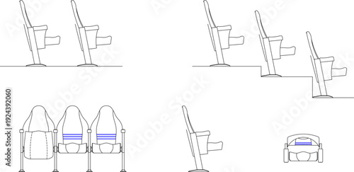 Architectural CAD blocks of auditorium and stadium seating arrangements, featuring side elevations on flat and tiered floor surfaces, along with front and top-view elevations of linked spectator chair