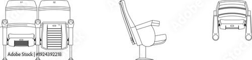 Technical architectural CAD blocks of auditorium or stadium seating, featuring front, side, and top-view elevations of linked chairs with visible seat numbering (01 and 02) and cup holders.