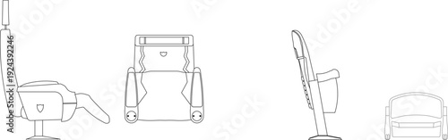 Architectural CAD blocks of premium cinema or theater seating, featuring front, side, and top-view elevations of a reclining chair with an integrated footrest and ergonomic headrest.