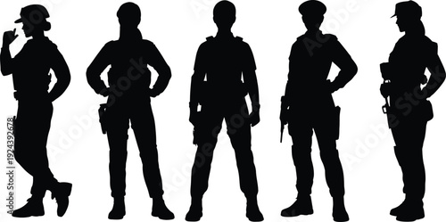 Female police officer silhouette vector set. Includes five women in various police uniforms and poses. Created in solid black silhouette style.