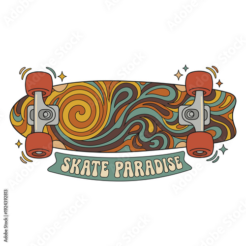 Skate Paradise Vintage Longboard Skateboard with Psychedelic Swirl Pattern