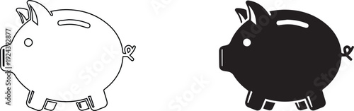 Vector Black piggy bank silhouette icon with falling coin for savings concept , Minimalist money box symbol