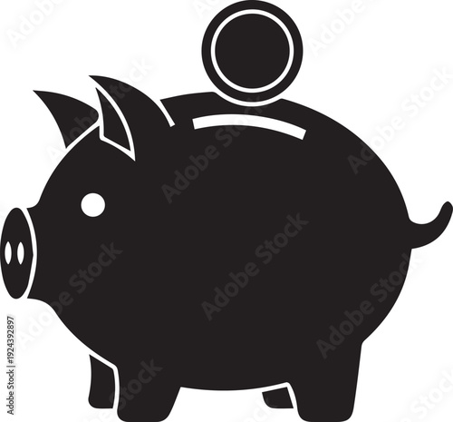 Vector Black piggy bank silhouette icon with falling coin for savings concept , Minimalist money box symbol